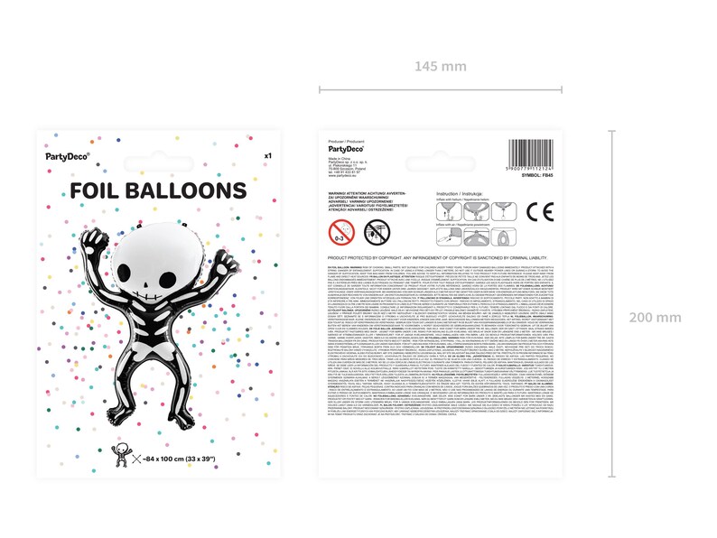 PartyDeco foil skeleton balloon in retail packaging, 84 x 100 cm (33 x 39 inches), black and white cartoon skeleton design, perfect for Halloween party decor