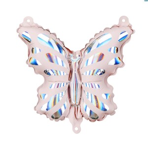 May include: A pink iridescent foil butterfly balloon. The balloon is shaped like a butterfly with wings that have a holographic finish.