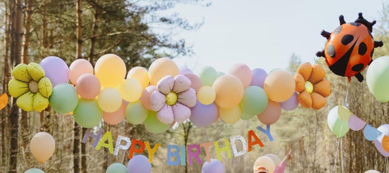 May include: A colorful birthday party scene with a balloon arch featuring pastel balloons and flower-shaped decorations. A banner spells out "HAPPY BIRTHDAY" and a ladybug balloon floats in the air. The scene is set outdoors.