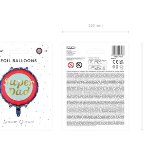 May include: A foil balloon with a red and blue border, featuring the text "Super Dad" in gold lettering. The balloon is approximately 18 inches in diameter. The packaging also includes a second panel with product information and a barcode.