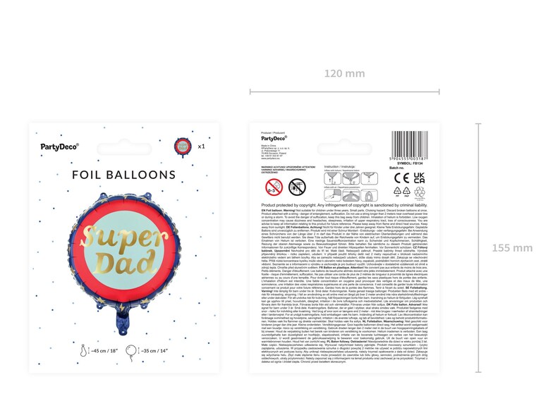 May include: A foil balloon with a red and blue border, featuring the text "Super Dad" in gold lettering. The balloon is approximately 18 inches in diameter. The packaging also includes a second panel with product information and a barcode.