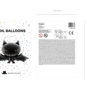 PartyDeco bat foil balloon packaging – cute black Halloween bat balloon measuring 80 x 52 cm (31.5 x 20.5 inches), spooky party decor for kids or themed celebrations