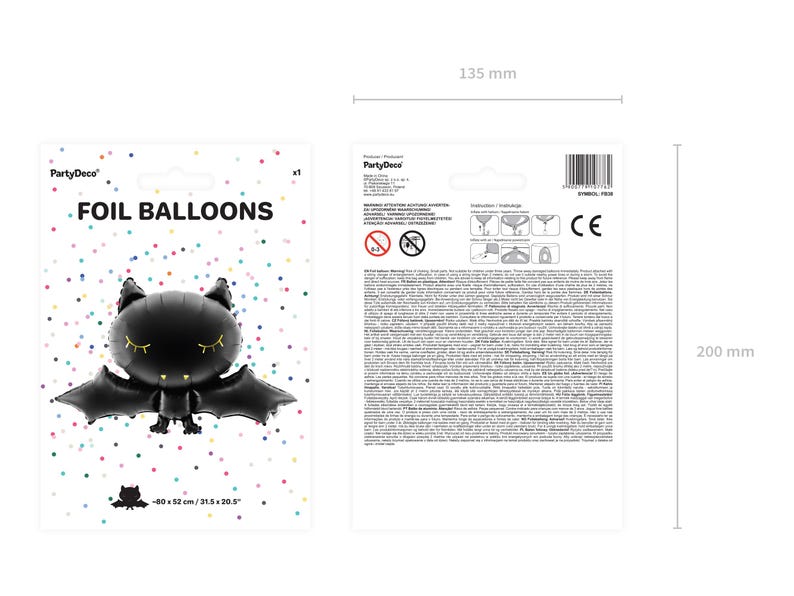 PartyDeco bat foil balloon packaging – cute black Halloween bat balloon measuring 80 x 52 cm (31.5 x 20.5 inches), spooky party decor for kids or themed celebrations