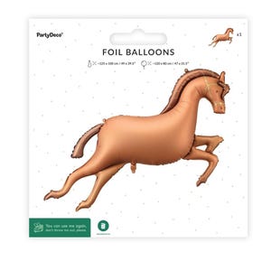 PartyDeco galloping horse foil balloon in original packaging, brown horse party decoration
