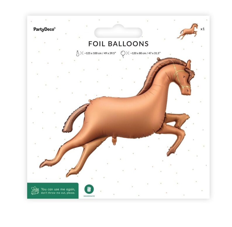 PartyDeco galloping horse foil balloon in original packaging, brown horse party decoration