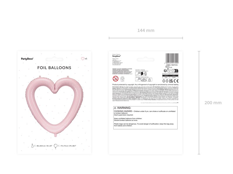 Light pink heart frame foil balloon product details and original packaging, approx. 73 x 72 cm inflated, suitable for air or helium