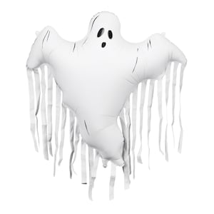 Large white ghost foil balloon with long tassels and black face for spooky Halloween party decor