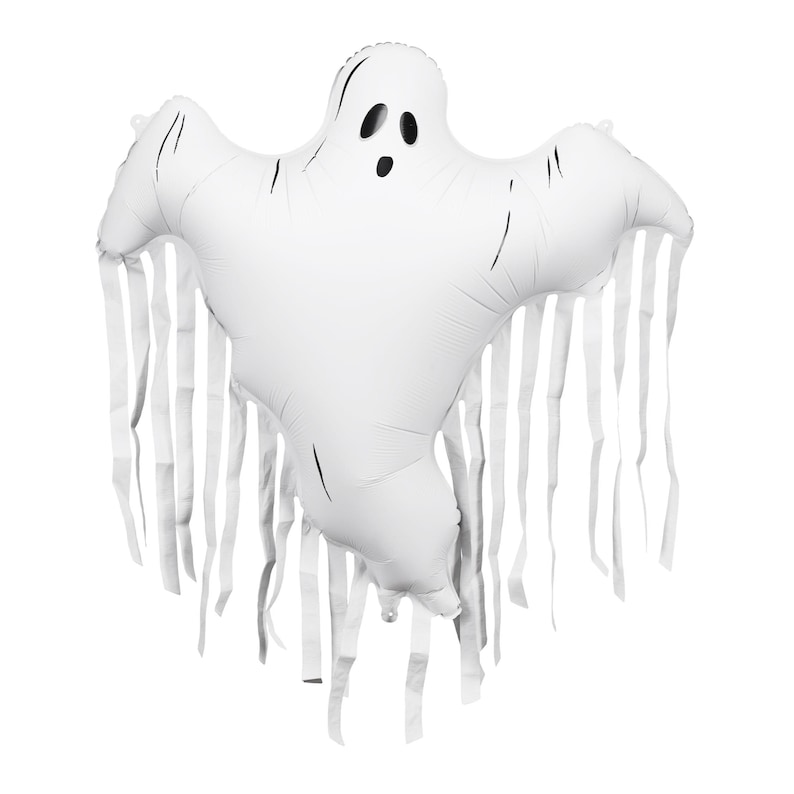 Large white ghost foil balloon with long tassels and black face for spooky Halloween party decor