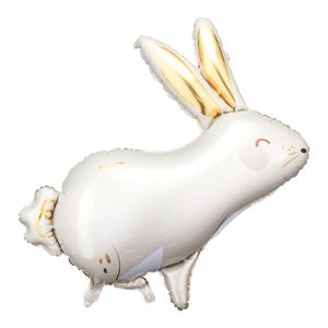May include: A white rabbit balloon with gold ears and a cute face. The balloon is inflated and ready to be used for a party or celebration.