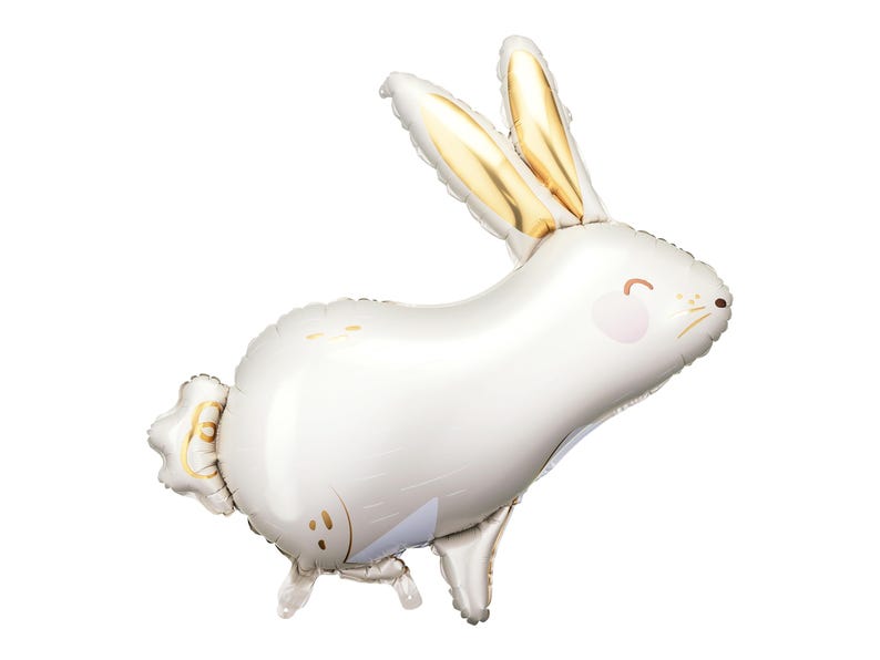 May include: A white rabbit balloon with gold ears and a cute face. The balloon is inflated and ready to be used for a party or celebration.