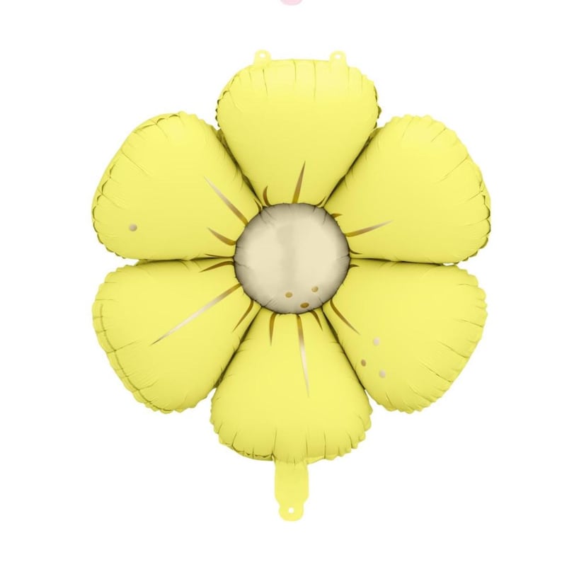 May include: A large, yellow flower-shaped balloon with a light gold center. The balloon has six petals and a small, rounded tail. The petals have subtle gold accents and small, round details. The balloon is designed to look like a sunflower.