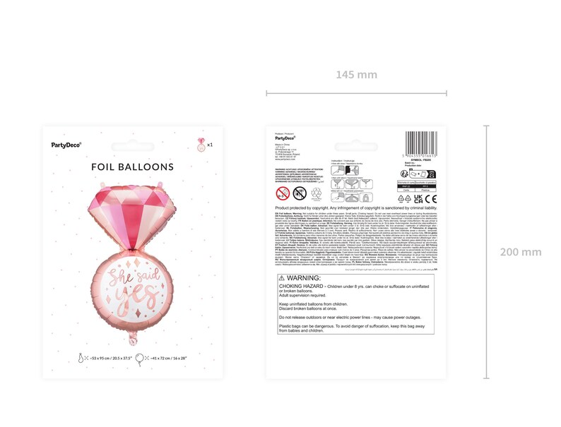 May include: Pink foil balloon shaped like a diamond ring with the words "She said yes" on the band. The balloon is 14.5 inches wide and 20 inches tall.