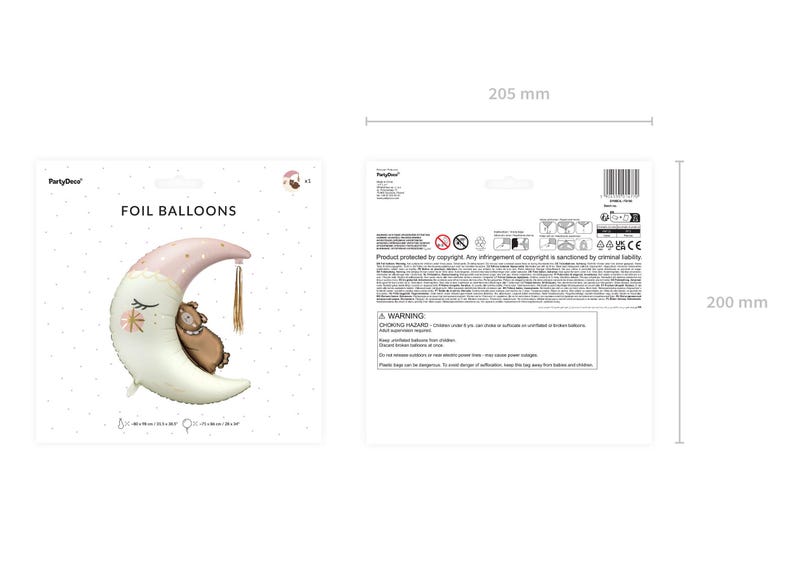 Pu&ograve; includere: Un palloncino in foil rosa e bianco a forma di mezzaluna con un orso bruno che dorme sopra. Il palloncino &egrave; alto 51 cm e largo 43 cm. Il palloncino fa parte di un set di palloncini in foil.