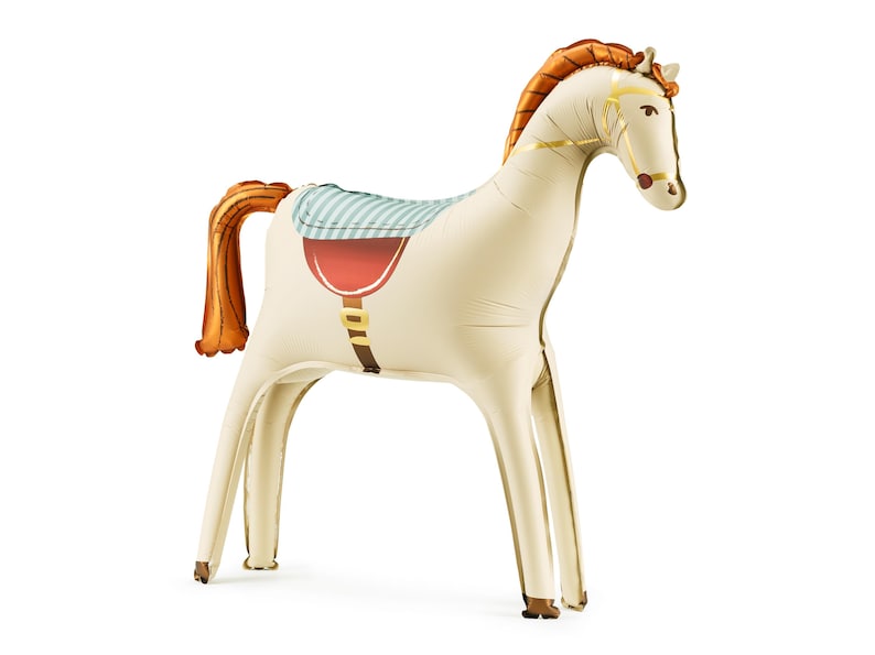 Standing horse-shaped foil balloon with saddle and reins – large animal balloon for birthday party, farm theme, or cowboy western decor