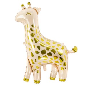 May include: A cream-colored giraffe balloon with gold spots. The balloon is inflated and ready to be used for a party or celebration.