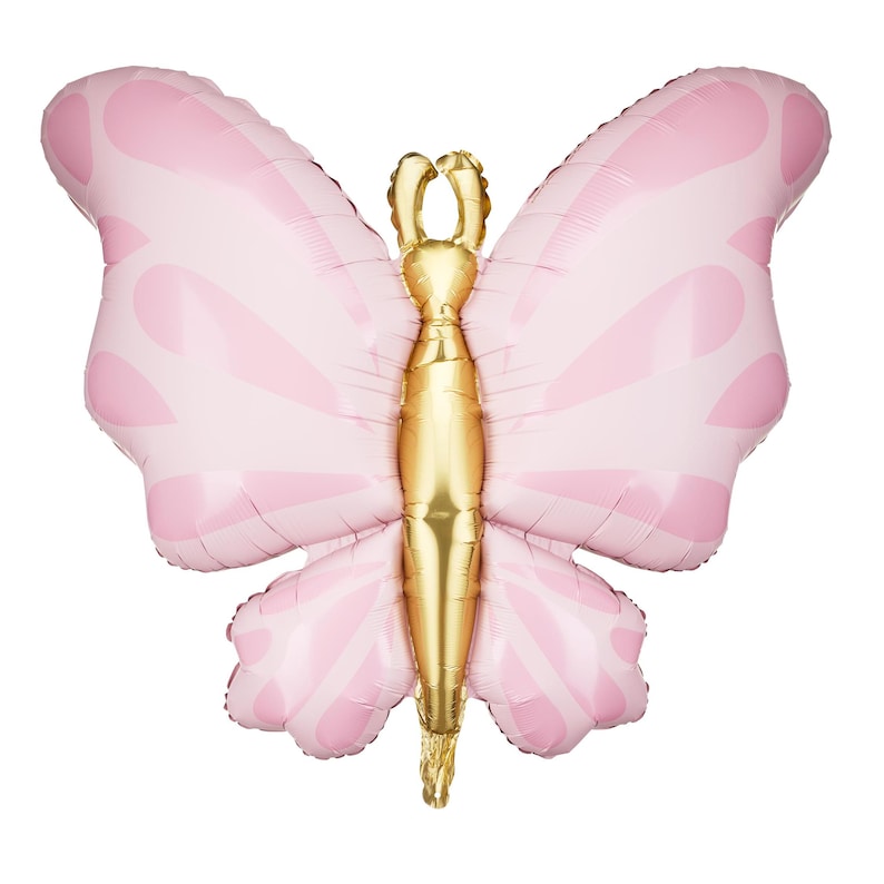 Foil balloon shaped like a butterfly with pink patterned wings and a metallic gold body. The whimsical design is ideal for birthday parties, baby showers, or spring-themed celebrations.