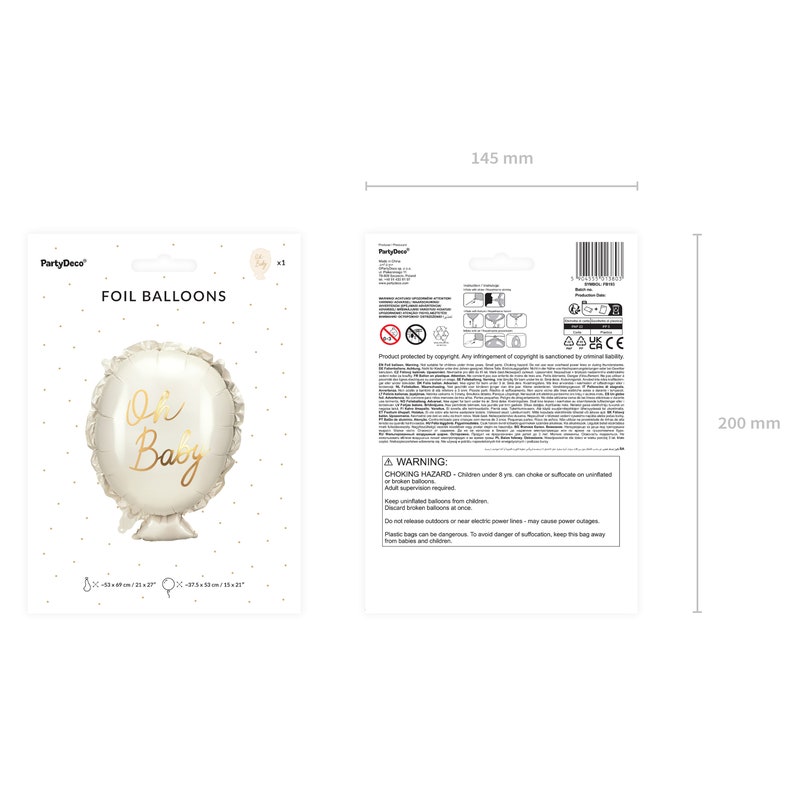 PartyDeco foil balloon packaging showing white 'Oh Baby' balloon with gold lettering, includes front and back views, package size 145 mm x 200 mm, balloon inflated size approx. 38 x 53.5 cm (15 x 21”).