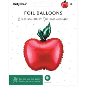 Front packaging of red apple foil balloon showing product design and included decoration