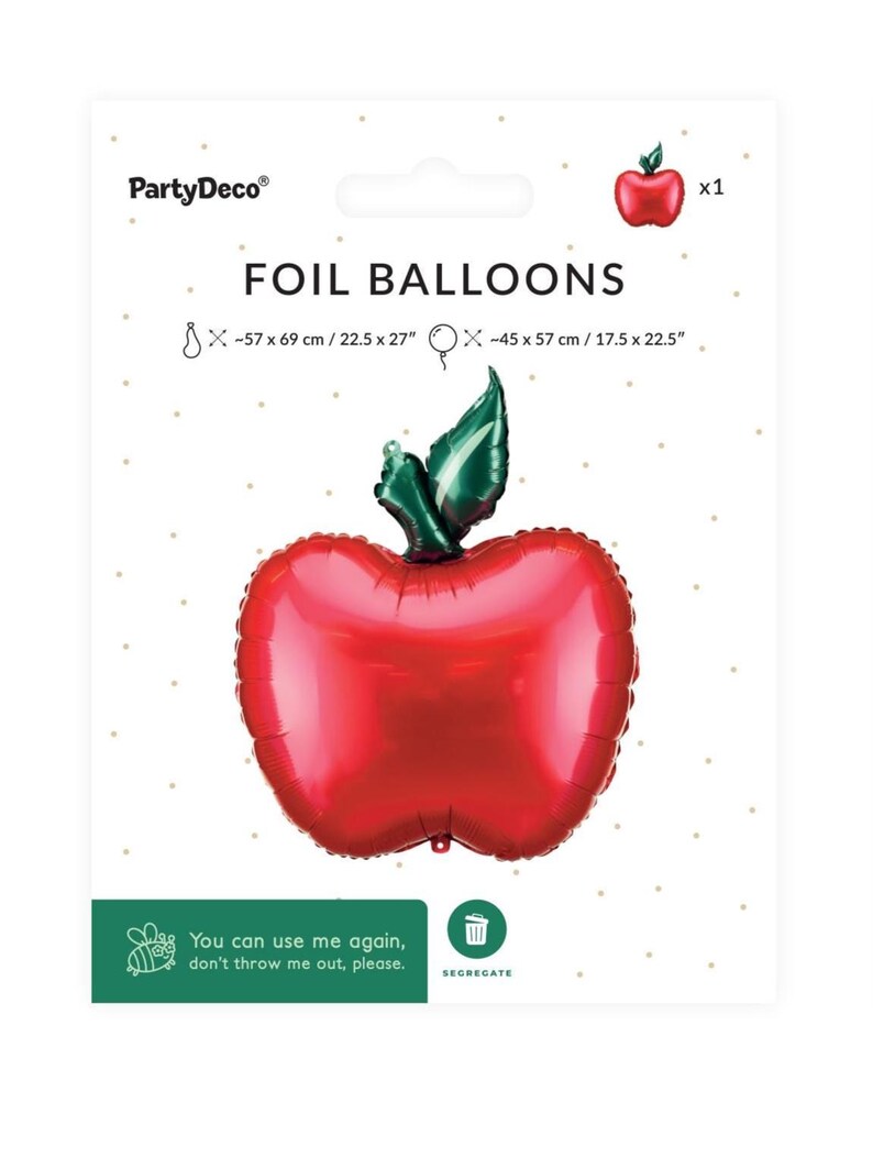 Front packaging of red apple foil balloon showing product design and included decoration