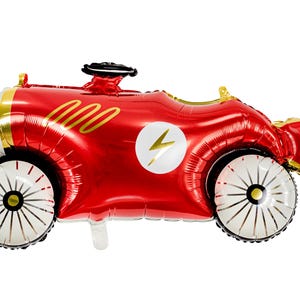Red race car foil balloon with gold and white flame details, shaped like a vintage car with large wheels and steering wheel, ideal for kids' birthday parties and race car themed decorations
