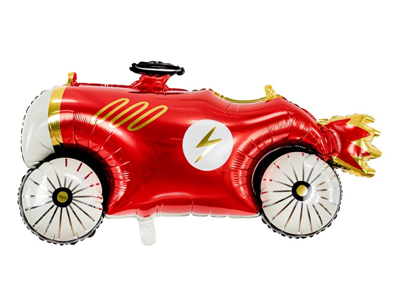 Red race car foil balloon with gold and white flame details, shaped like a vintage car with large wheels and steering wheel, ideal for kids' birthday parties and race car themed decorations