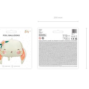 May include: White foil balloon shaped like a bunny with pink ears and a flower on its head. The balloon is 200 mm in size.  "FOIL BALLOONS" is printed on the packaging.