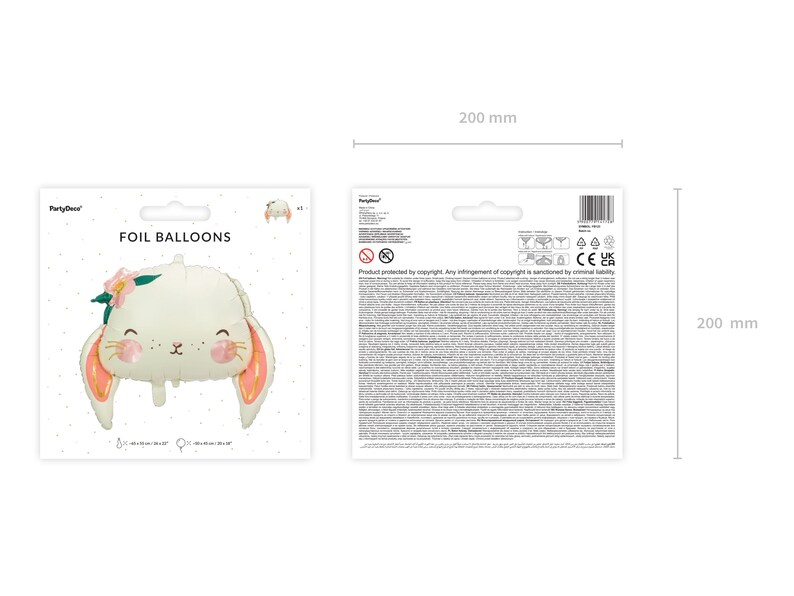 May include: White foil balloon shaped like a bunny with pink ears and a flower on its head. The balloon is 200 mm in size.  "FOIL BALLOONS" is printed on the packaging.