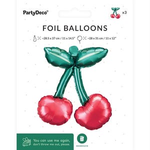 K&ouml;nnte beinhalten: Folieballons in Form von Kirschen. Die Ballons sind rot mit gr&uuml;nen Stielen und Bl&auml;ttern. Die Verpackung enth&auml;lt den Text "FOIL BALLOONS" und "You can use me again, don't throw me out, please."