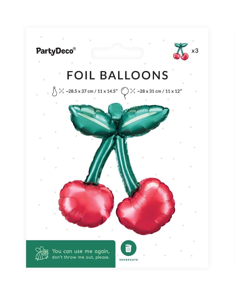 K&ouml;nnte beinhalten: Folieballons in Form von Kirschen. Die Ballons sind rot mit gr&uuml;nen Stielen und Bl&auml;ttern. Die Verpackung enth&auml;lt den Text "FOIL BALLOONS" und "You can use me again, don't throw me out, please."