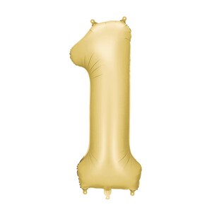 Gold foil balloon in the shape of the number "1" on a white background. The balloon features small loops at the top and bottom for easy hanging or tying.