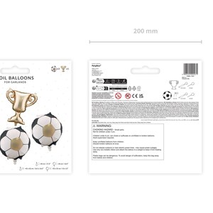 May include: Foil balloons for garlands, featuring three soccer ball balloons and a gold trophy balloon. The soccer ball balloons are black, white, and gold. The packaging is approximately 7.87 inches by 7.87 inches.
