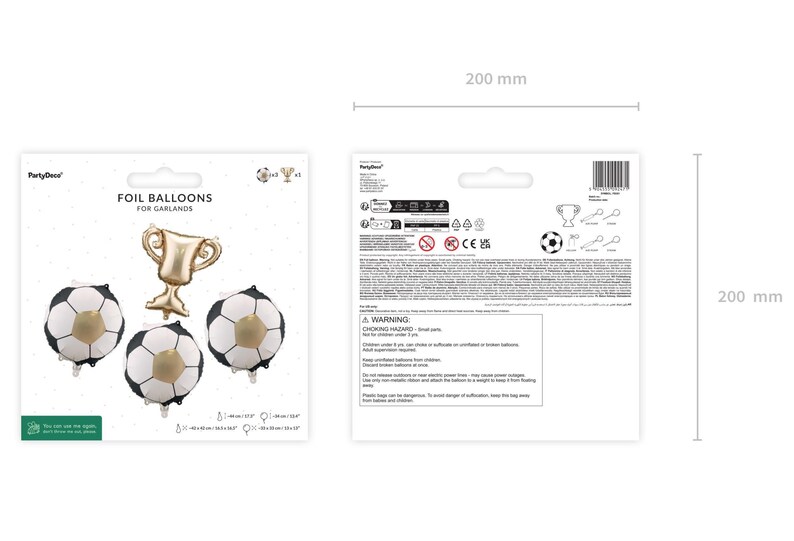 May include: Foil balloons for garlands, featuring three soccer ball balloons and a gold trophy balloon. The soccer ball balloons are black, white, and gold. The packaging is approximately 7.87 inches by 7.87 inches.