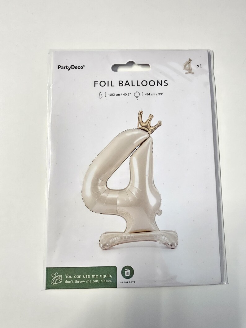 May include: A white foil balloon shaped like the number 4 with a gold crown on top. The balloon is packaged on a white card with the text "FOIL BALLOONS" and "PartyDeco" printed on it. The balloon is 40.5 inches tall and 33 inches wide.