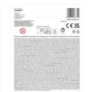 K&ouml;nnte beinhalten: Nahaufnahme der R&uuml;ckseite einer Folienballon-Verpackung. Die Verpackung ist wei&szlig; mit schwarzem Text und einem roten Warnsymbol. Der Text enth&auml;lt die W&ouml;rter "Achtung!" und "Nicht f&uuml;r Kinder unter drei Jahren geeignet." Die Verpackung enth&auml;lt auch ein CE-Zeichen und ein UKCA-Zeichen.