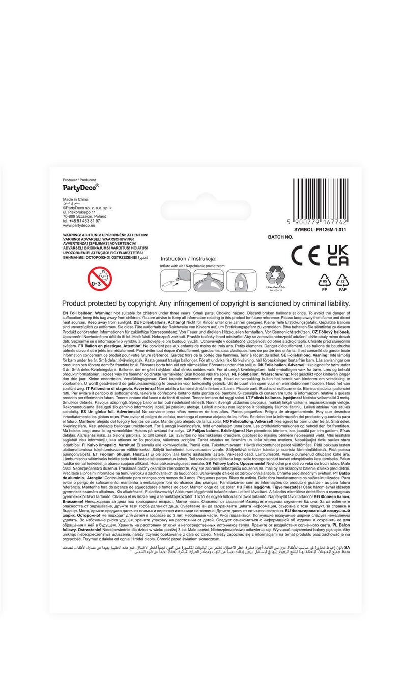 K&ouml;nnte beinhalten: Nahaufnahme der R&uuml;ckseite einer Folienballon-Verpackung. Die Verpackung ist wei&szlig; mit schwarzem Text und einem roten Warnsymbol. Der Text enth&auml;lt die W&ouml;rter "Achtung!" und "Nicht f&uuml;r Kinder unter drei Jahren geeignet." Die Verpackung enth&auml;lt auch ein CE-Zeichen und ein UKCA-Zeichen.