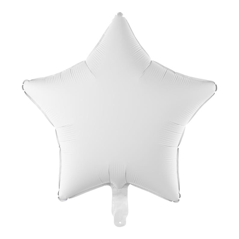 Op de afbeelding: Een witte stervormige ballon, opgeblazen en klaar voor een feestje of viering.