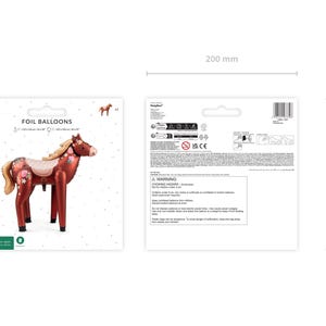 May include: A brown foil balloon shaped like a horse with a saddle and floral details. The balloon is 200 mm tall and is packaged on a white card with the text "FOIL BALLOONS".