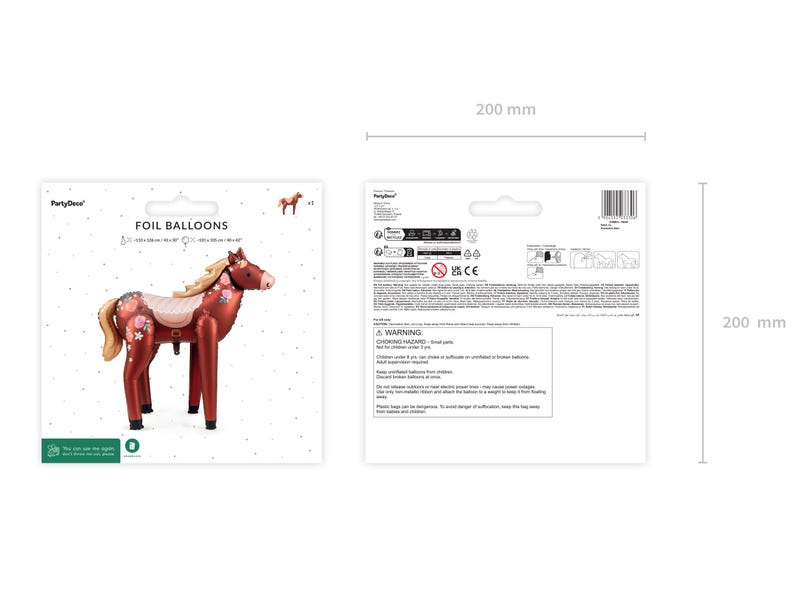 May include: A brown foil balloon shaped like a horse with a saddle and floral details. The balloon is 200 mm tall and is packaged on a white card with the text "FOIL BALLOONS".