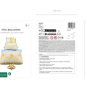 Packaging for a foil birthday cake balloon by PartyDeco, featuring a two-tier pastel cake with five candles. Front of the package shows the inflated balloon (approx. 62 × 104 cm / 24.5 × 41" and 55 × 75 cm / 21.5 × 29.5") and product branding. Back of the packaging includes safety warnings, usage instructions for air/helium/straw inflation, recycling icons, and barcode. Package dimensions are 140 mm × 200 mm.