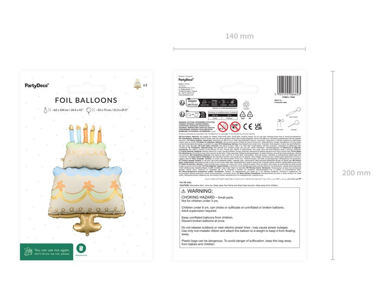 Packaging for a foil birthday cake balloon by PartyDeco, featuring a two-tier pastel cake with five candles. Front of the package shows the inflated balloon (approx. 62 × 104 cm / 24.5 × 41" and 55 × 75 cm / 21.5 × 29.5") and product branding. Back of the packaging includes safety warnings, usage instructions for air/helium/straw inflation, recycling icons, and barcode. Package dimensions are 140 mm × 200 mm.