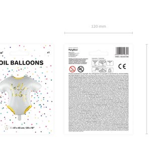 Hello Baby romper foil balloon product details, white and metallic gold design, approx. 51 x 45 cm or 20 x 18 inches