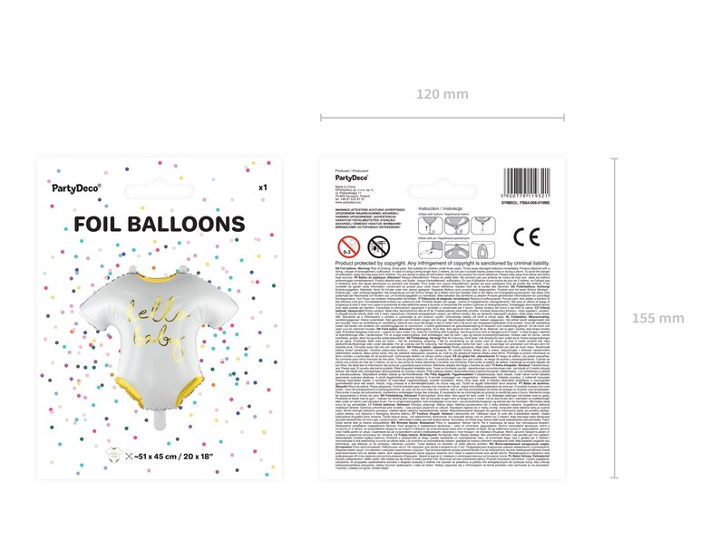 Hello Baby romper foil balloon product details, white and metallic gold design, approx. 51 x 45 cm or 20 x 18 inches