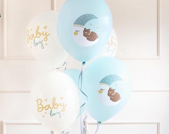 Baby Boy Balloons: Pastel Blue & White, Bear Design - Set of 6