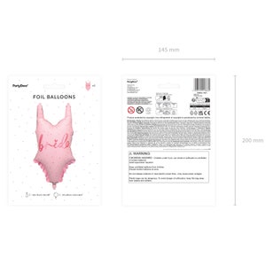 May include: Pink foil balloon shaped like a swimsuit with the word "bride" in pink lettering. The balloon is 46 cm x 37 cm (18 in x 14.5 in).