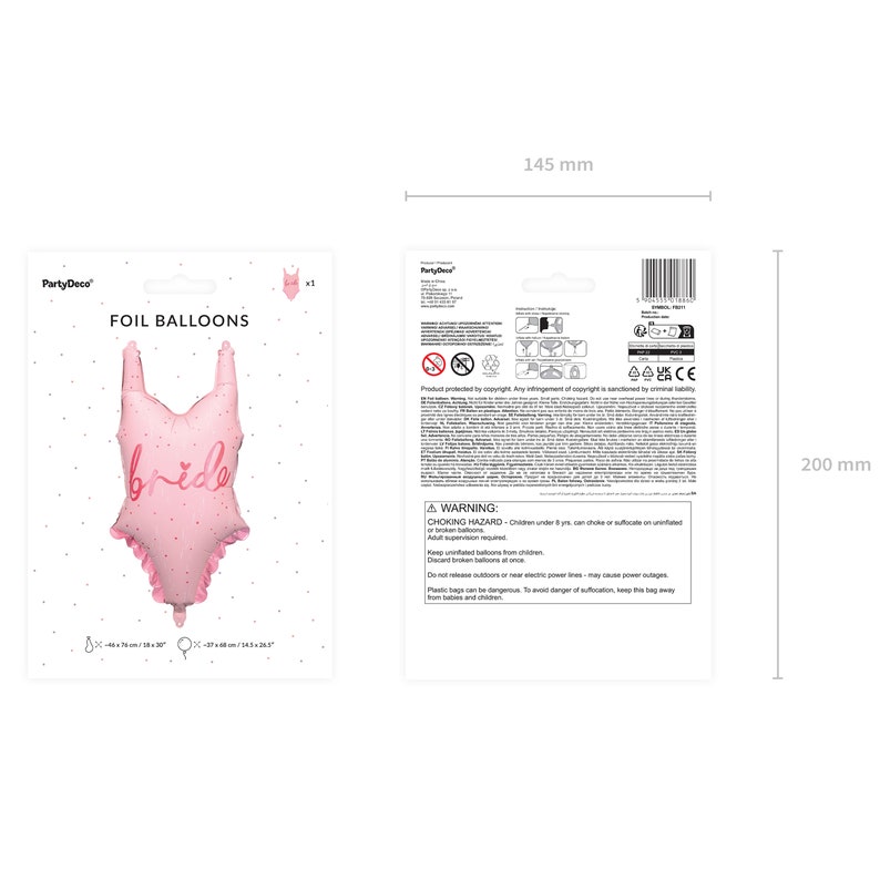 May include: Pink foil balloon shaped like a swimsuit with the word "bride" in pink lettering. The balloon is 46 cm x 37 cm (18 in x 14.5 in).