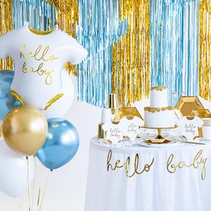 Hello Baby bodysuit balloon with white blue and gold party decorations, baby shower and welcome baby celebration decor