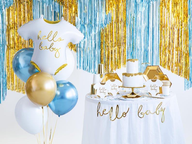 Hello Baby bodysuit balloon with white blue and gold party decorations, baby shower and welcome baby celebration decor