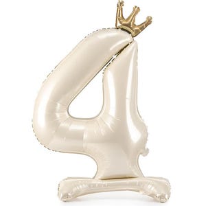 May include: A white number four balloon with a gold crown on top. The balloon is standing on a white base.