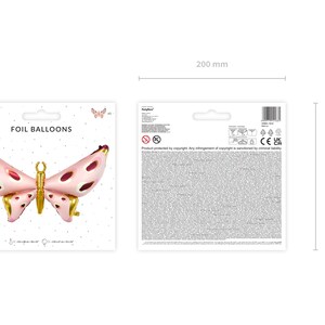 May include: Pink and gold foil butterfly balloon. The balloon is 200 mm in diameter.  The packaging says "Foil Balloons".