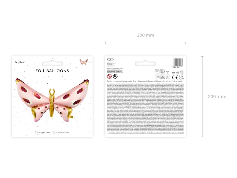 May include: Pink and gold foil butterfly balloon. The balloon is 200 mm in diameter.  The packaging says "Foil Balloons".